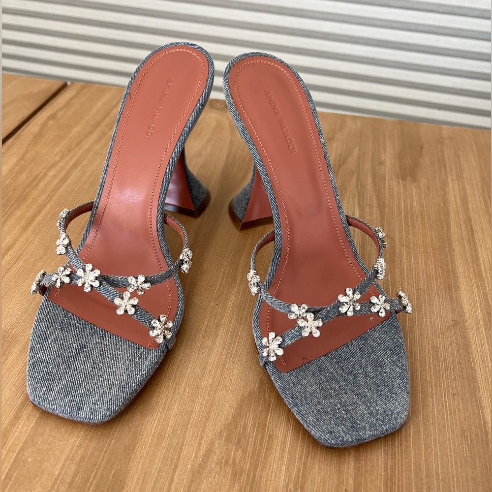 *SOLD* NEW Amina Muaddi Lily Crystal Embellished Slide Sandal (DENIM) SIZE US 9